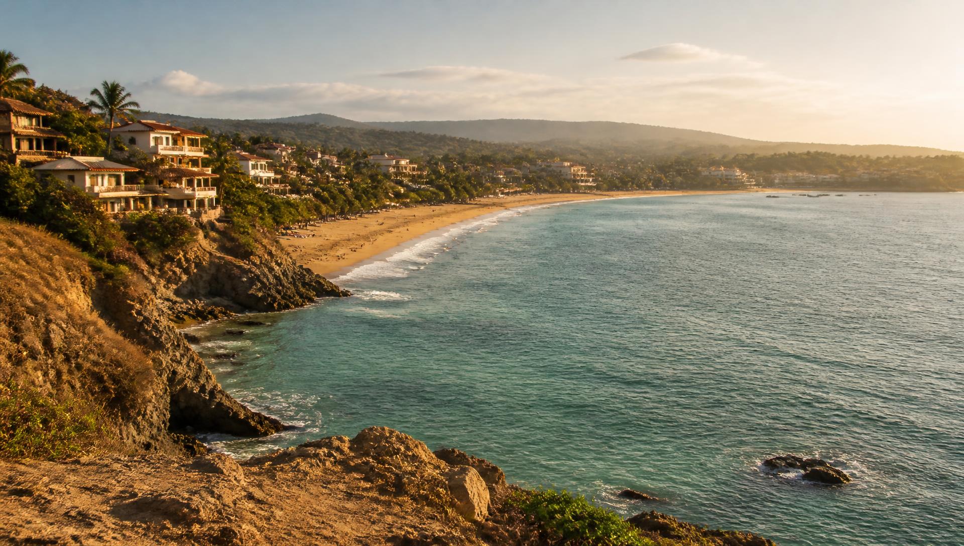 The coastline of Puerto Escondido, Oaxaca, at golden hour